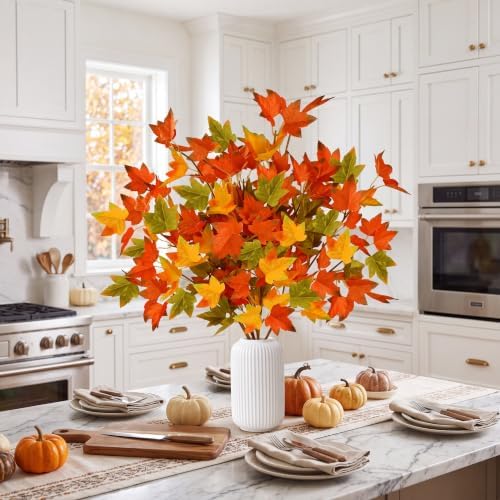 Sggvecsy 6 Pack Artificial Maple Leaves Branches Fall Greenery Stem Autumn Faux Fall Leaves Silk Faux Plants for Vase Indoor Outdoor Home Festival Table Centerpieces Thanksgiving Decoration