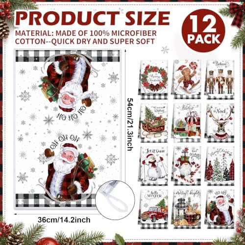 VitalCozy 12 Pcs Christmas Kitchen Towels, 14.2 x 21.3 in Dishcloth Decor