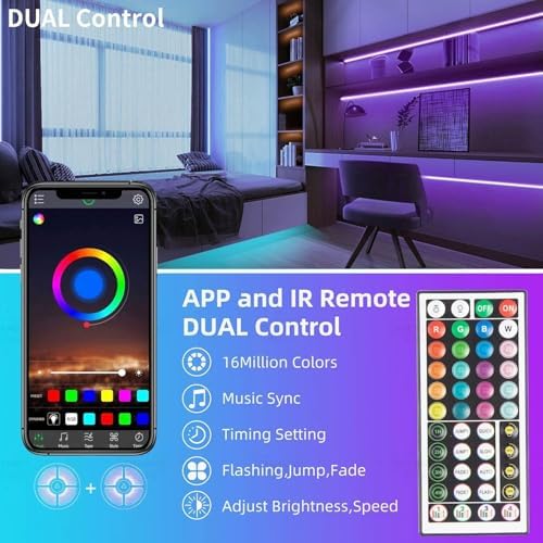 KSIPZE Led Lights for Bedroom 48ft Led Strip Lights with Remote RGB Color Changing Music Sync Bluetooth Smart App
