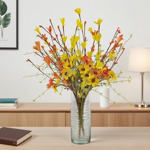 RHN Fall Decorations for Home,6 Pcs Fall Flowers Artificial with Daisies Forsythia Flowers Berry Leaf Stem for Autumn Harvest Thankgiving Home Table Vase Centerpiece Decor（Yellow Orange）
