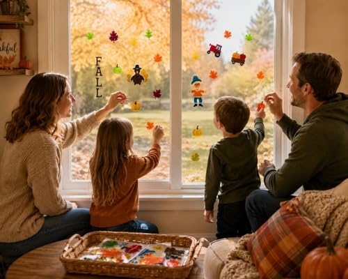 Fall Gel Cling Stickers for Windows and Mirrors - 6 Sheets of Reusable Seasonal Designs: Scarecrow, Leaves, Tractor, Pumpkins, Turkey Pumpkins and More!