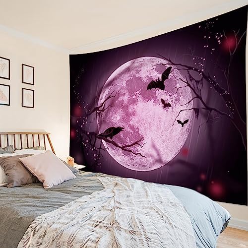 LB Halloween Full Moon Tapestry, Horror Black Crow and Bat on Purple Night Sky Wall Tapestry for Bedroom, Creepy Bat Wall Art for Living Room Home Decor, 59 x 51 Inches