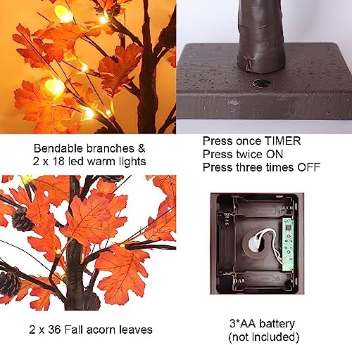 hogardeck Fall Decorations for Home, 2 Pcs 24”2FT Lighted Acorn Leaves Tree Fall Decor with Warm White LEDs, 6 Acorn