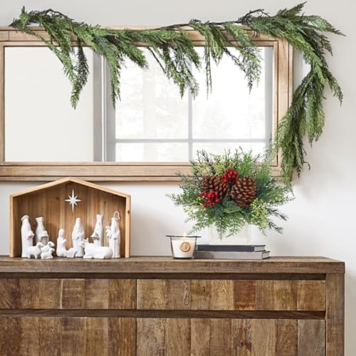 Christmas Centerpieces Table Decorations 10" Small Artificial Potted Christmas Tree Tabletop Pine Plants with Red Berry Pine Cones in Wooden Pot for Home Winter Xmas Mantel Farmhouse Indoor Decor