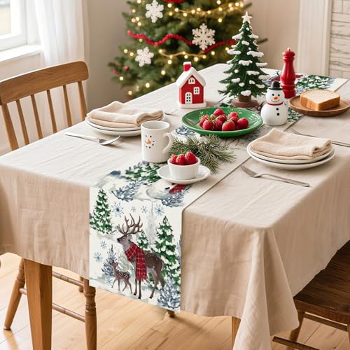 Artscope Reindeer Snowman Christmas Tree Table Runner, Xmas Winter Snowflakes Holiday Kitchen Dining Table Decoration for Christmas Home Party Decor 13x36 Inch-Beige