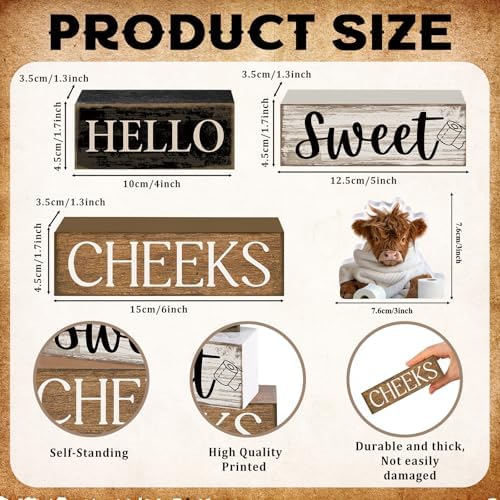 Moucuny 4 Pcs Highland Cow Bathroom Decor Wooden Signs, Farmhouse