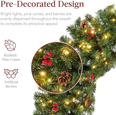 Best Choice Products 60in Pre-Lit Christmas Wreath w/Berries & Pinecones, Large Artificial Indoor/Outdoor Decor for Door, Mantel w/Red Bow, Plug-in