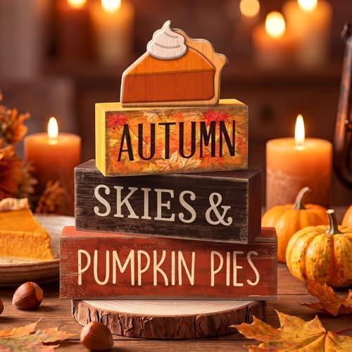 Lineshading 3 Pcs Fall Table Decor, Pumpkin Pie Wood Block Sign Home Tray
