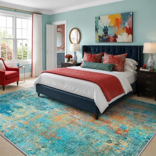 RELEANY Washable 6'x8' Abstract Area Rug for Living Room Teal Multi