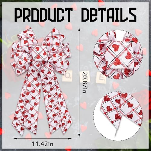 Large Valentine's Day Wreath Bows White Red Heart Plaid Bow, 11.42"x20.87" Wreath Bow for Wedding Party Tree Topper Front Door Indoor Outdoor Decorations
