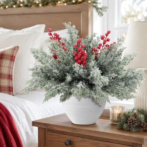 10 Pcs 16''Large Christmas Snow Pine Branches with Red Berries