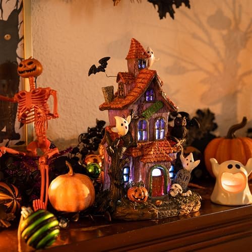 Valery Madelyn Halloween Decorations, Lighted Halloween Village Houses with LED Lights, Resin Spooky Town Happy Haunted House for Home and Party Table Desk Mantel, 12 Inch