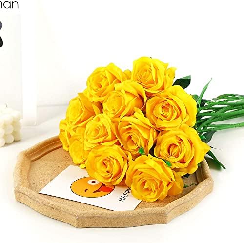 12 PCS Artificial Flowers Roses Silk Flowers Fake Long Stem Artificial Roses for Home Wedding Decorations (Yellow)