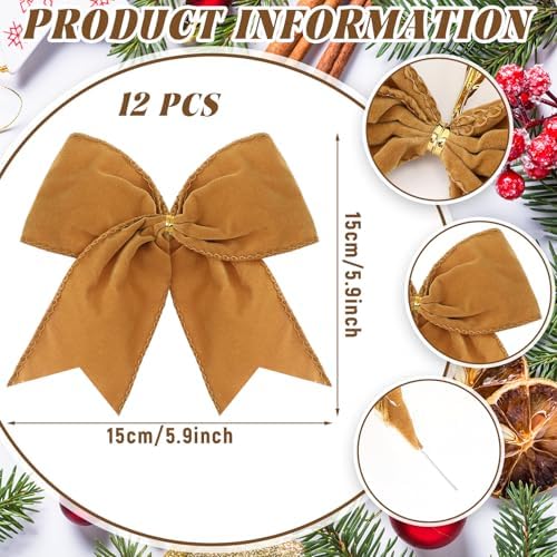 Janinka 12 Pcs 6 Inch Christmas Velvet Bows for Wreath Decoration, Khaki