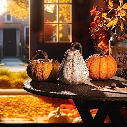 Valery Madelyn Fall Pumpkin Table Decor Cracked Pumpkin Figurine Fall Decoration for Home, 3pcs Resin Autumn Harvest Thanksgiving Halloween Party Tabletop Centerpieces, 6.7 inch