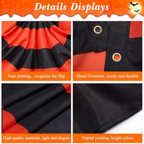 Newwiee 6 Pcs 4 x 2 ft ft Halloween Flag Bunting Half Fan Hanging Pleated Flag Banner with 3 Grommets for Halloween Indoor Outdoor House Holiday Yard Decorations Party Props, Black Orange