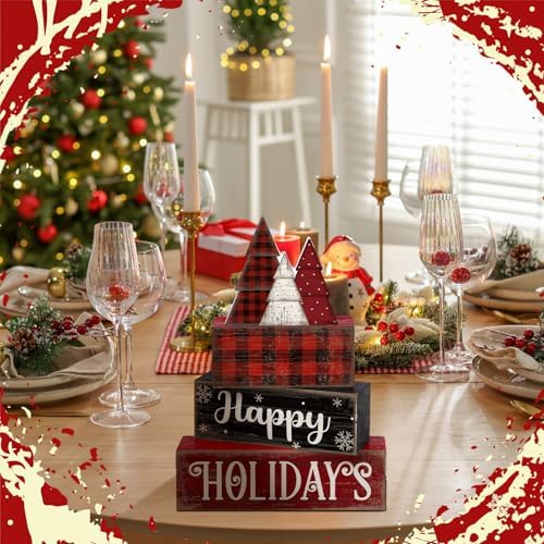 Moucuny 4 Pcs Wooden Block Signs Buffalo Plaid Holiday Farmhouse Decor