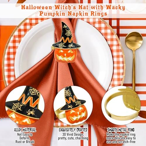 Legigo Set of 6 Halloween Napkin Rings for Dinning Table Settings- Horror Scary Orange Pumpkin Black Witch Hat Napkin Holder Ring for Holiday Party Kitchen Dinner Table Decarations