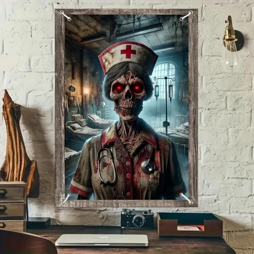 BlissYard Halloween Window Cover Hanging Banner Decor Zombie Nurse Scene 31x47 inch Creepy Bloody Hospital Horror Wall Decoration for Haunted House Door Display Party Prop Backdrop