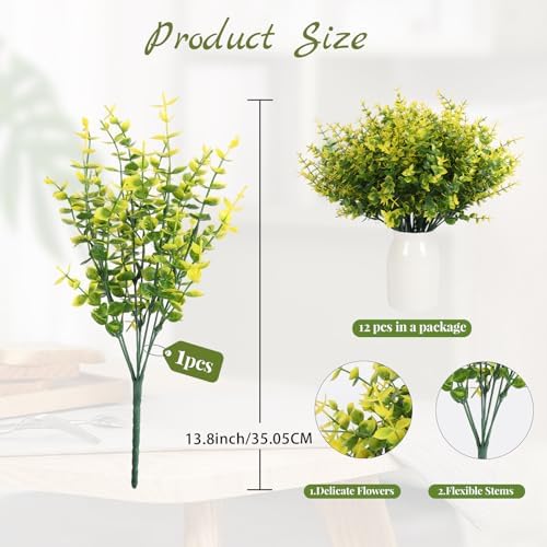 RECUTMS 12Pc Spring Yellow Greenery UV Resistant Artificial Outdoor Flowers