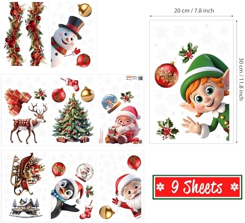 WALPLUS Christmas Window Clings - Clearance Decorations, Double-Sided Reusable Peel & Stick Removable for Glass, Living Room Xmas Peeking Santa Snowflakes, 149 Pcs