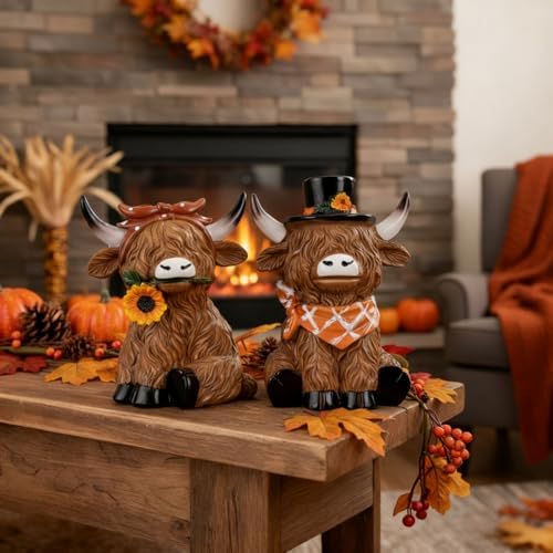 Simgoing 2 Pack Fall Highland Cow Sunflower Cow Figurines for Home Decor