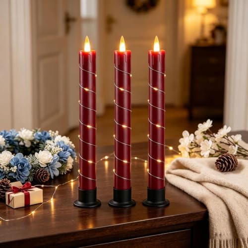 Flameless Cone-Shaped Candle, Patented with Starlight String, 11 Key Remote Control, Timer, Battery Powered, Patented Simulated Flame, 3 Packs, Christmas Home and Wedding Decoration (red)