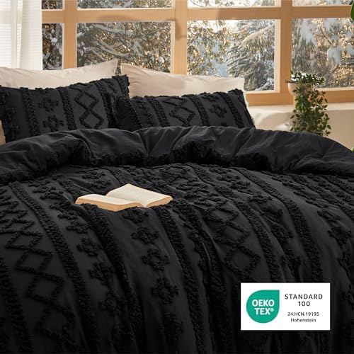 Bedsure Tufted Boho Comforter Set California King - Black Boho Bed Set, GentleSoft™ 3 Pieces Farmhouse-Style Embroidery