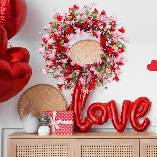 Sggvecsy 20in Valentine's Day Wreath Artificial Pink Red Forsythia Spring Summer Fake Silk Wreath with Heart Berries Green Leaves for Gifts Festival Front Door Window Wall Farmhouse Decor