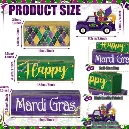 Lineshading 4 Pcs Mardi Gras Tiered Tray Decor Wooden Blocks, Truck