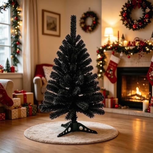 3FT Black Christmas Tree – Small Mini Xmas Artificial Trees for Home, Tabletop, Office, Apartment, Indoor Holiday Decorations, Easy-Assembly Metal Hinges & Foldable Base