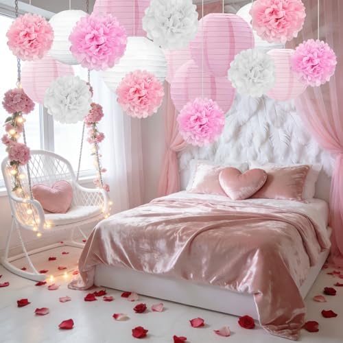 18 PCS Pink White Paper Lanterns & Tissue Paper Pom Poms for Girls Birthday, Baby Shower, Wedding, Bridal Shower, Hanging Paper Decor, Party Decoration Set for Indoor Outdoor Events Party Supplies
