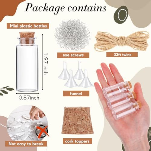 Bokon 100 Packs 15ml Mini Plastic Bottles with Corks Eye Screws Funnels