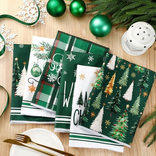 Oudain 6 Pcs Christmas Kitchen Towels Green Plaid Xmas Tree Tea Dishtowels Decorative Winter Bathroom Hand Towels Farmhouse Green Christmas Decorations for Kitchen Bath Home Housewarming Gifts