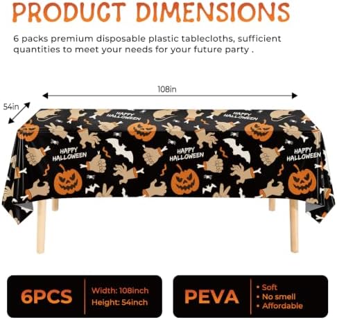 6 Pack Halloween Tablecloth, 54" x 108"Disposable Plastic Table Cloths Cute Pumpkin Ghost Hand Halloween Table Covers for Home Decor Halloween Party Decorations