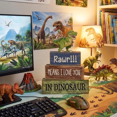 Lineshading 4 Pcs Dinosaur Table Decorations Wooden Dino Safari Party Decor
