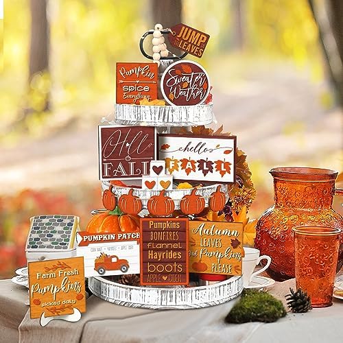 FairySandy 14 Pcs Fall Tiered Tray Decor Set Farmhouse Thanksgiving Pumpkin Hello Fall Decorations Rustic Truck Spice Blocks Autumn Wooden Sign for Home Shelf Festival Party Decor