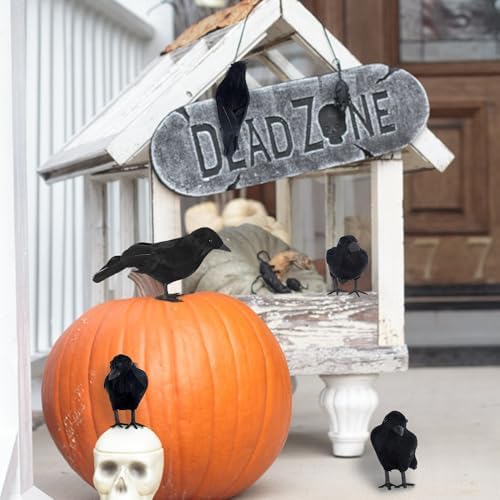 ATDAWN Halloween Birds, Black Feathered Crows, Realistic Looking Halloween Birds Decoration Birds, 6.2" (12)
