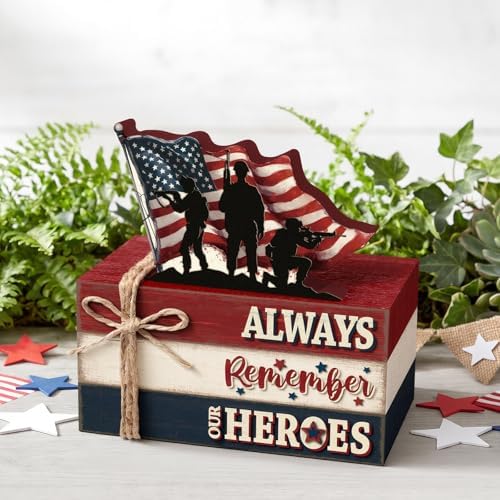 Geelin 4 Pcs 4th of July Wooden Book Stack Sign Decor, 250th Anniversary Patriotic Red White USA Tabletop Decoration with Soldier and American Flag, Rustic Farmhouse Tiered Tray Decor for Home Office