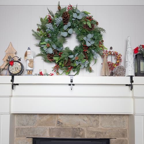[Fireplace Stocking and Garland Hanger] - Patented Mantle Holder Has Two Hooks - Hold Christmas Stocking and Hang Garland - Durable Wrought Iron - Padded Contact Points (3 Pack - Black)