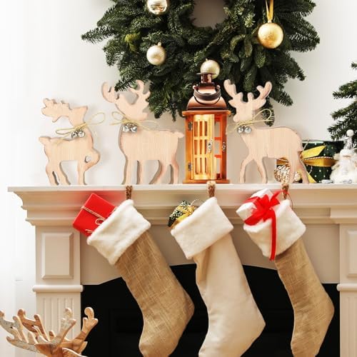 COCHIE Cute Christmas Tiered Tray Decor Indoor, Wooden Reindeer Christmas Tabletop Decorations and Xmas Tree Centerpiece, Reindeer Sign Standing Elk Decor for Home Party Decorations (Brown)