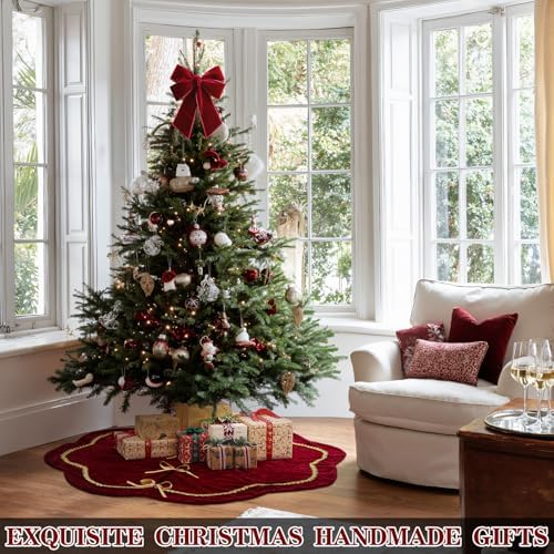 Arrowbash Red 48 Inch Christmas Tree Skirt Velvet Scallop Ddge