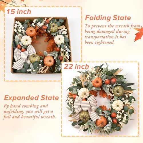 2Pcs 22'' Fall Wreaths for Front Door, Fall Decor for Home Autumn Wreath