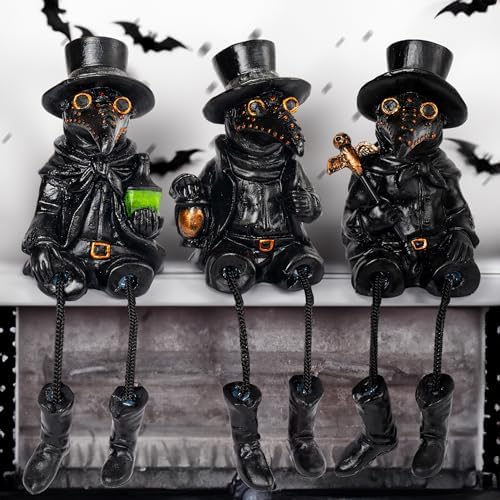 Dazzle Bright 3 Pcs Halloween Plague Doctor with Dangling Legs Figurines Decoration, Resin Gothic Scary Crow Table Fireplace Shelf Sitting Figurines Party Ornament Gifts for Indoor Home Decor
