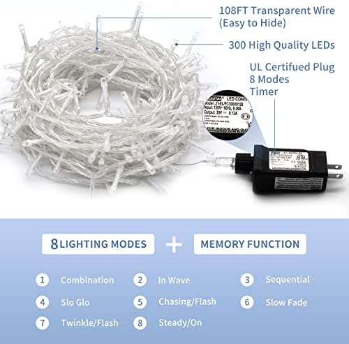 JMEXSUSS 99 Ft 300 LED White Christmas Lights Indoor String Lights Plug in