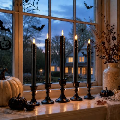 Lezonic Black Flameless Taper Candles Battery Operated with Remote, Long LED Candlesticks Flickering Real Wax Set of 6, 9.5 inch Battery Candles with Realistic 3D Flame for Halloween Decorations
