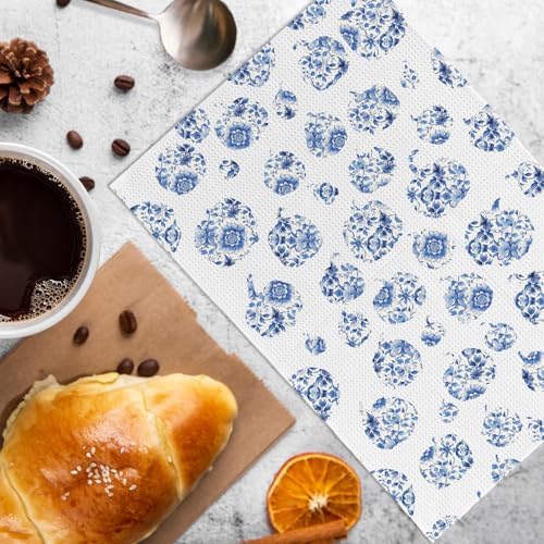 Blue and White Pumpkin Fall Decor Kitchen Towels and Dishcloths Set of 2, Blue and White Fall Decorations, Autumn Farmhouse Pumpkins Decorative Hand Tea Towels for Dorm Bathroom Home, 16×24