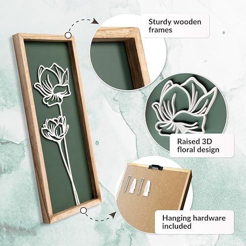 Tide and Tales 3d Green Wall Art, Wooden Botanical Wall Decor, Set of 3