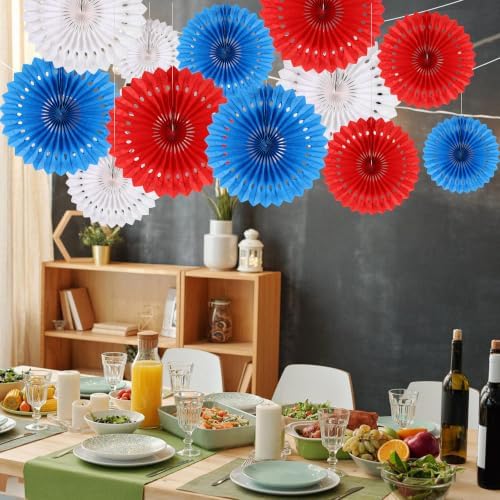 BestoFun 12 PCS 4th of July Patriotic Decorations Red White Blue Paper Fans for American Fourth of July Memorial Day Independence Day Veterans Day Party Decor Supplies