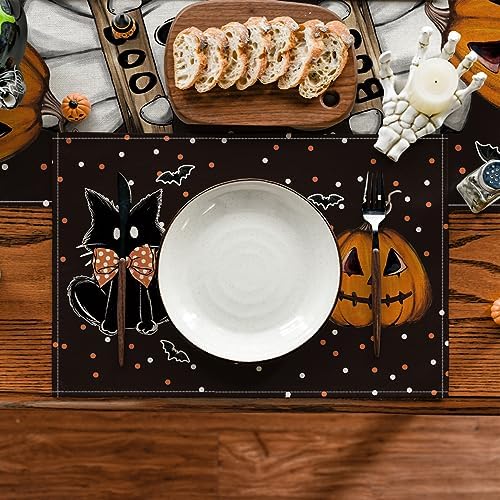 Artoid Mode Polka Dot Ghost Pumpkin Cat Boo Halloween Placemats Set of 6, 12x18 Inch Seasonal Fall Table Mats for Party Kitchen Dining Decoration